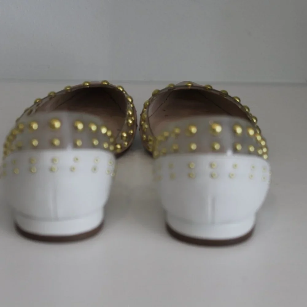 Cecelia New York Min White Ballet Flats Clear Chic Pointy Studded Shoes 7.5